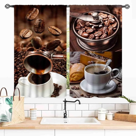 Rustic Kitchen Curtains, Farmhouse Retro Coffee Time Vintage Latte Cafe Tea Cup Cottage Country Brown Window Drapery Treatments for Dining Room Bedroom Living Room 2 Panels, 55x39 Inch