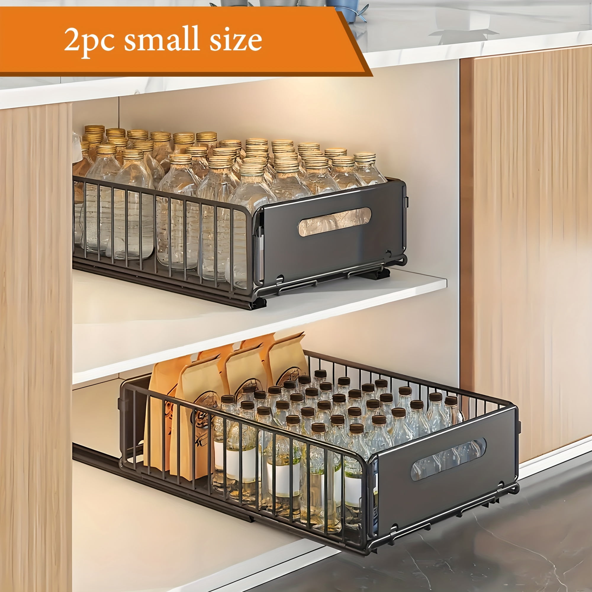 2pcs Cabinet Pull-Out Storage Baskets Multipurpose Sliding Organizer for Bathroom Sink Spices Snacks and Cleaning Supplies