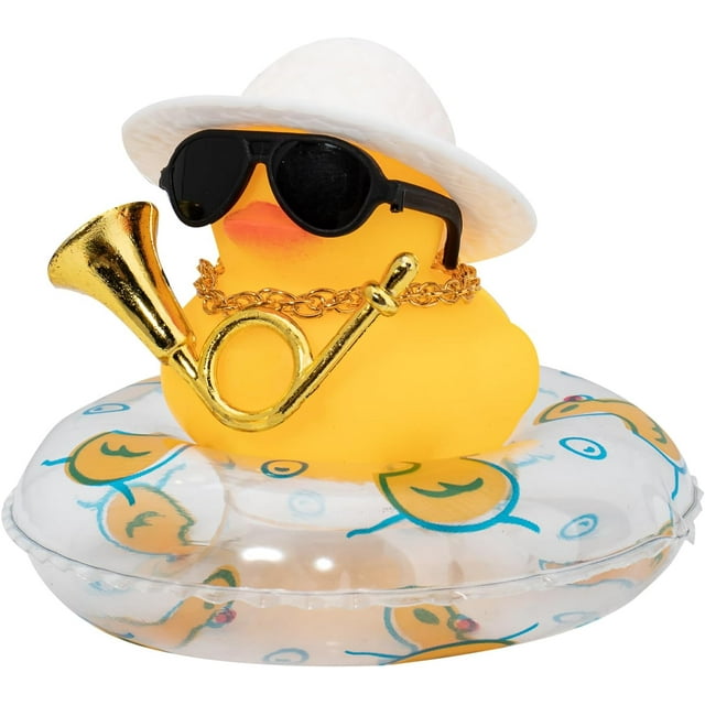 Car Duck Ornament Dashboard Decorations for Car Rubber Duck Accessories with Hat Necklace Swim Ring Musical Instruments J