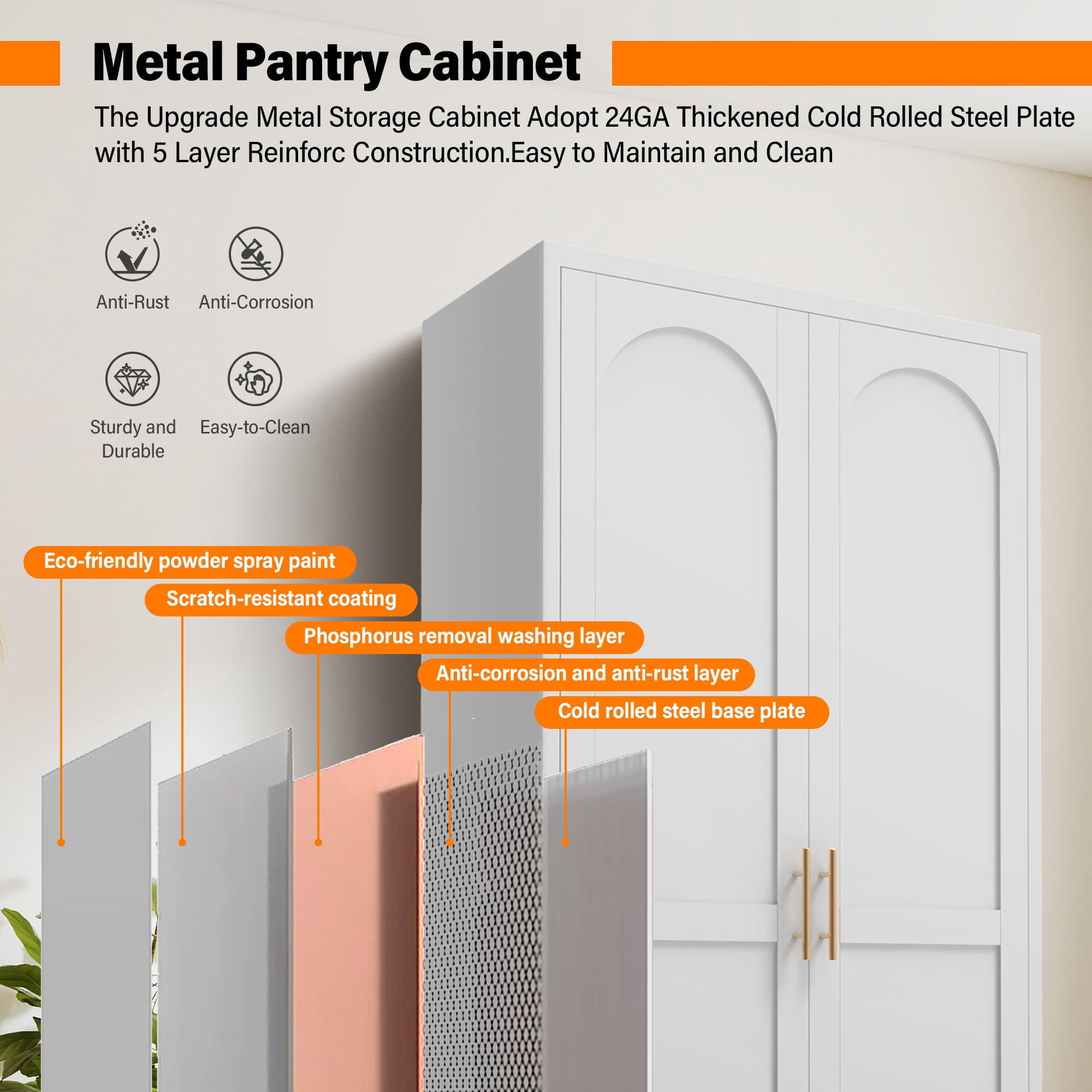 Aukfa 71" Tall Metal Pantry Cabinet,Kitchen Storage Cabinet with Adjustable Shelves for Kitchen/Dining Room/Living Room, White