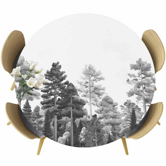Forests Tree Round Tablecloth 36-44 Inch Round Fitted Table Cloth with Elastic Edge, Nature Pine Maple Trees Pure Grey Waterproof Table Cover Protector for Outdoor Picnic Party Dining
