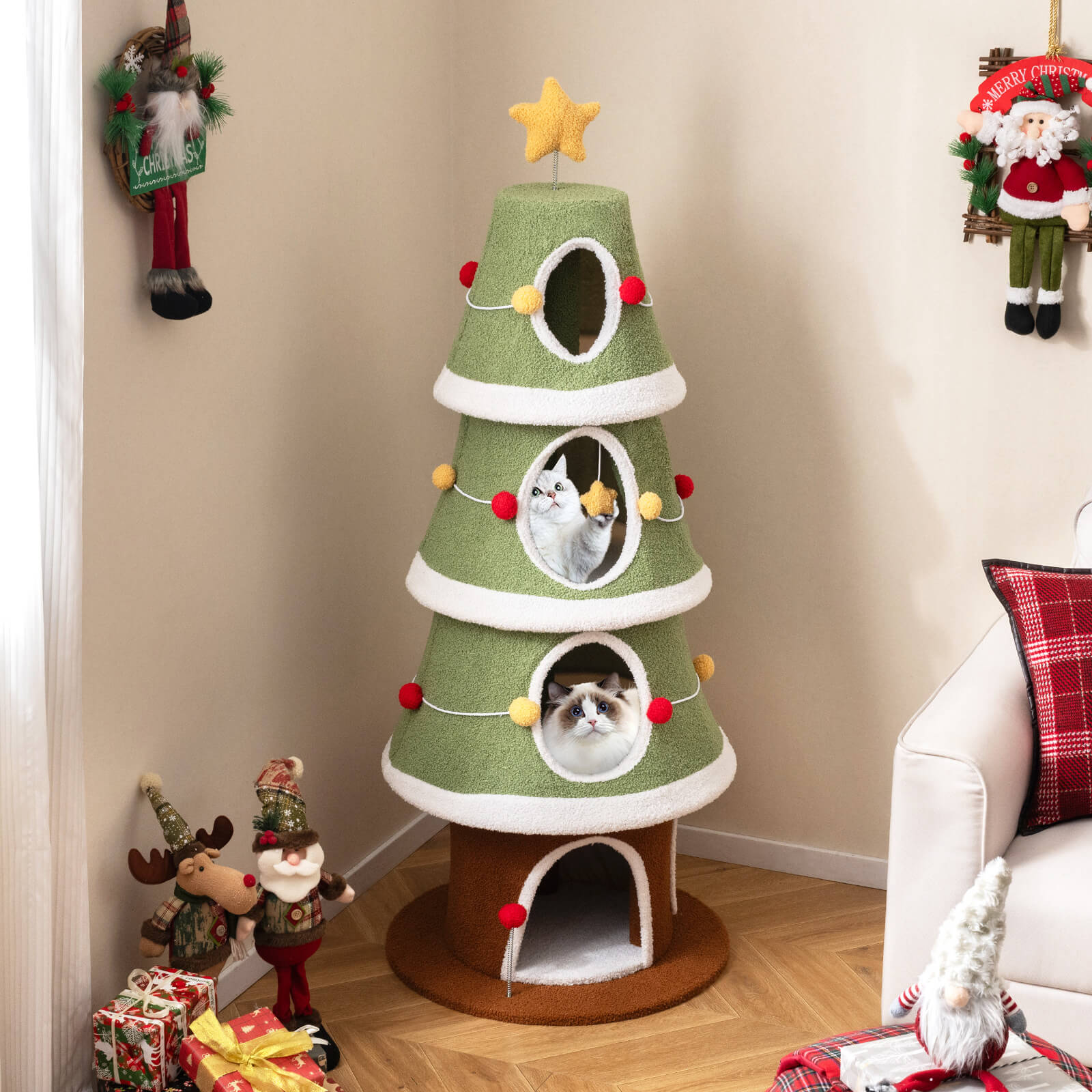 Costway 61”Large Christmas Cat Tree with 4 Condos, Sisal Carpet, Dangling Ball, Spring Toy