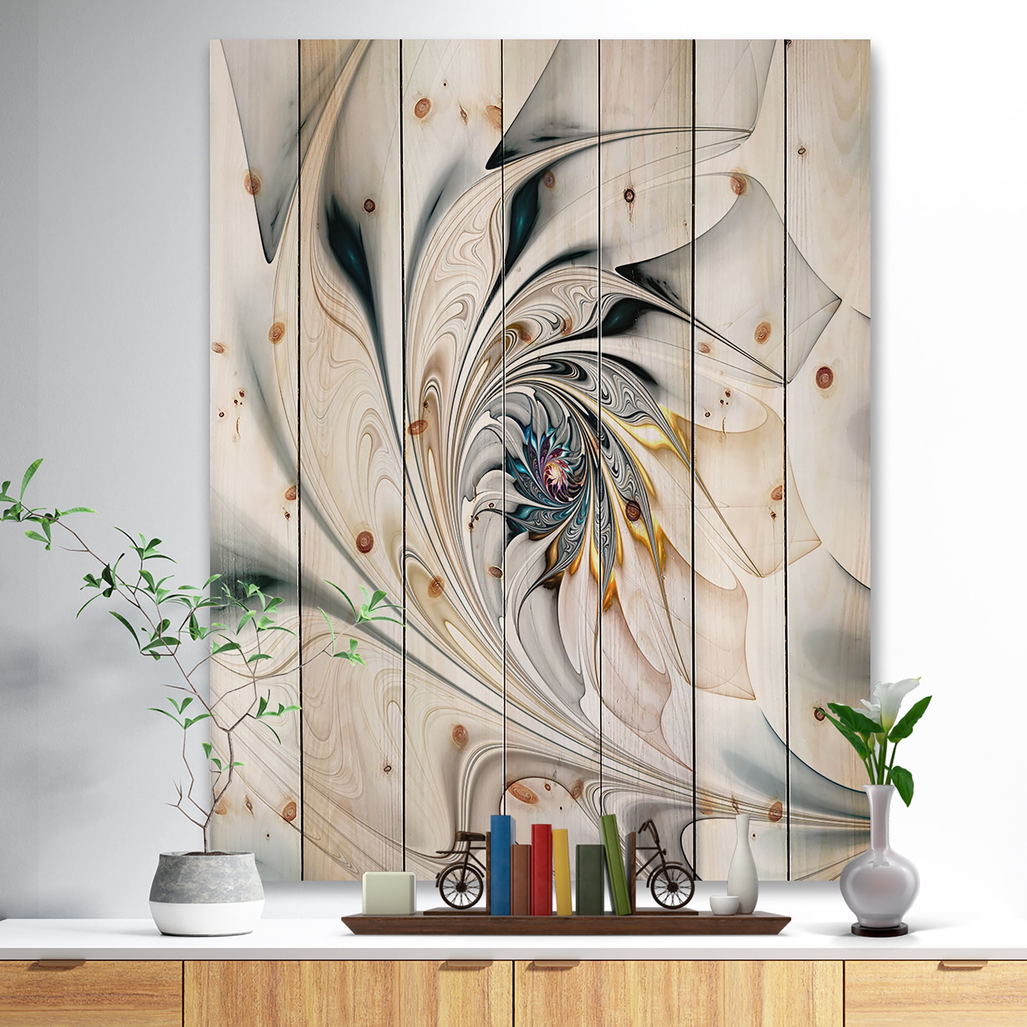 Designart 'White Stained Glass Floral Art ' Floral Print on Natural Pine Wood