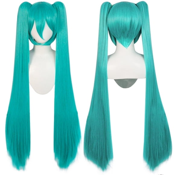 Peluca JoNeting verde de 120 cm de largo, recta, con 2 coletas y gorro de peluca