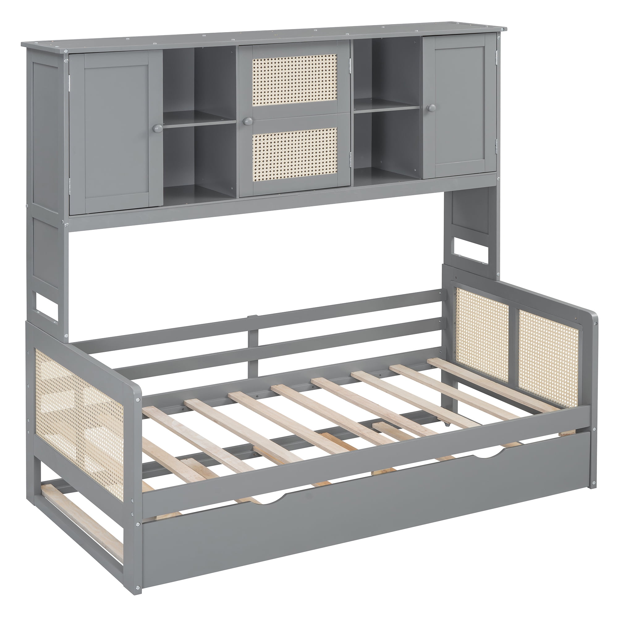 Euroco Wood Twin Size Platform Bed with Trundle, Captain Bed with Cabinets and Shelves, Gray