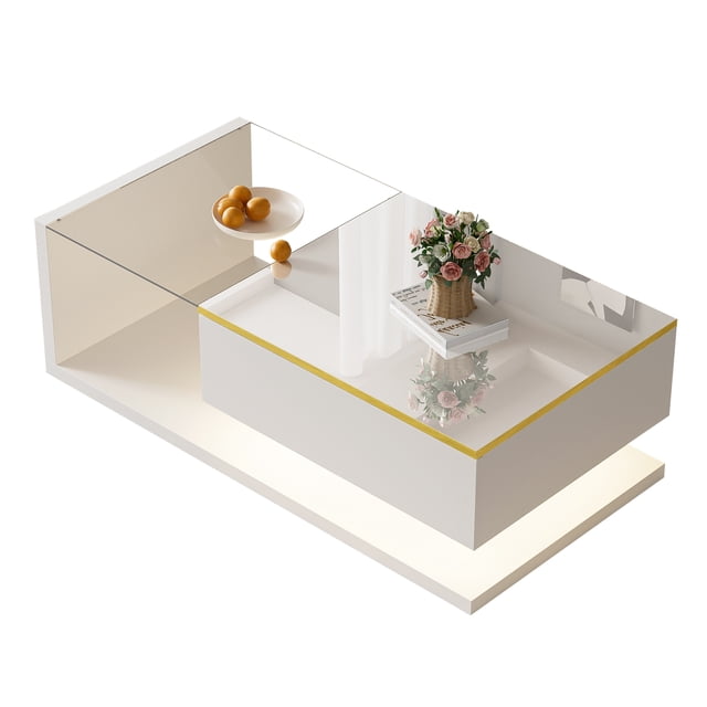39.4 inch Long Coffee Table, High-Gloss White. Side Tables, Coffee Tables with Glass and LED Effect