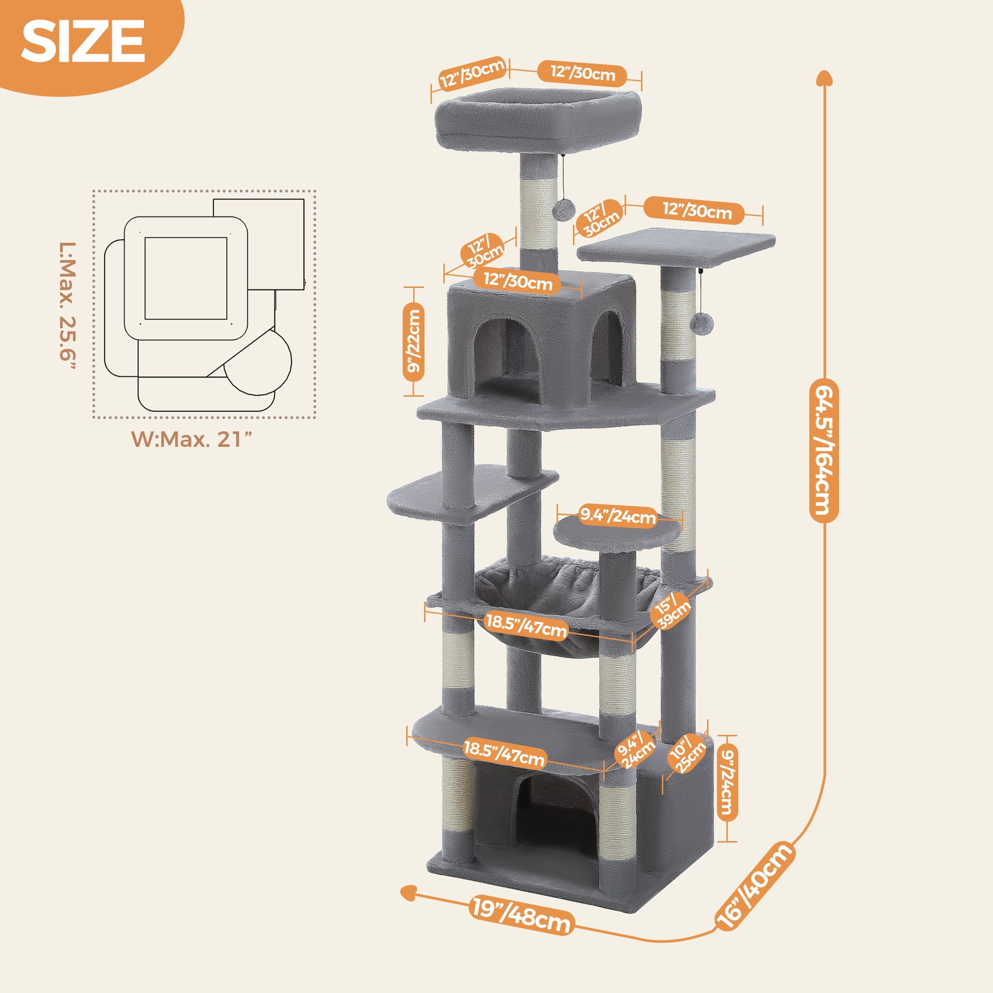 Kadyn 64" Modern Cat Tree Tower for Indoor Cats, Cat Condo with Sisal Scratching Post, Hammock and Top Perch, Gray