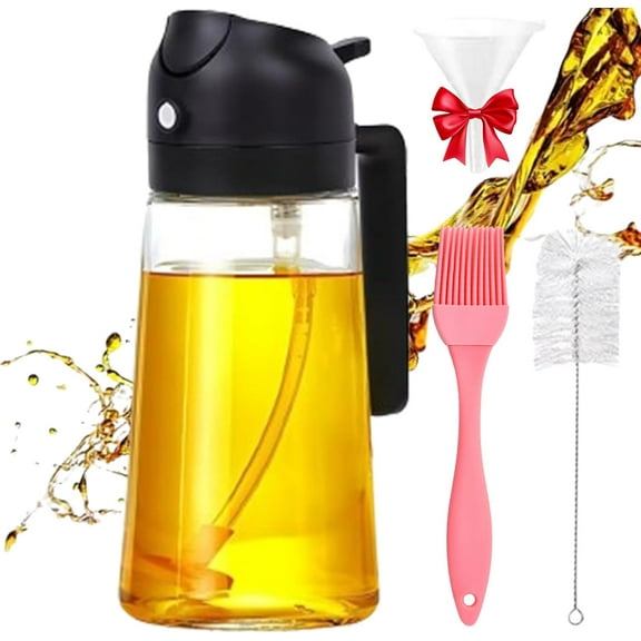 2-in-1 Glass Oil Sprayer and Dispenser,Refillable Oil Sprayer for Cooking,Olive Oil Dispenser Bottle for Kitchen,Oil Mister Spray Bottle for Cooking,for Air Fryer,Baking,Grilling (470ml/16Oz, Black)