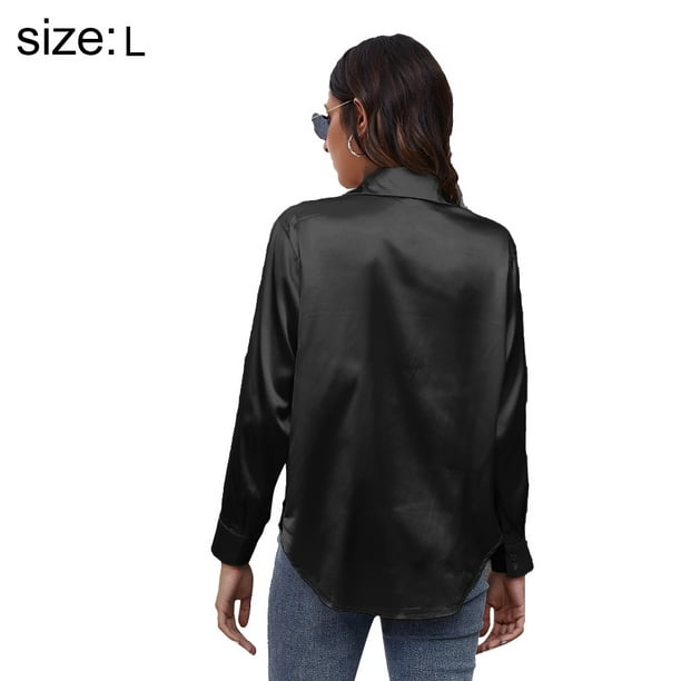 Women Satin Shirt Faux Silk Blouse Long Sleeve Button Down Office