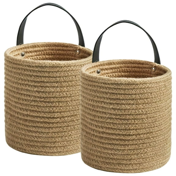 2 Sets Natural Twine Wall Storage Baskets - 7"x8" Rustic Hanging Organizers with Metal Hooks | Versatile Hanging Storage Baskets for Bathroom, Kitchen & Home Decor