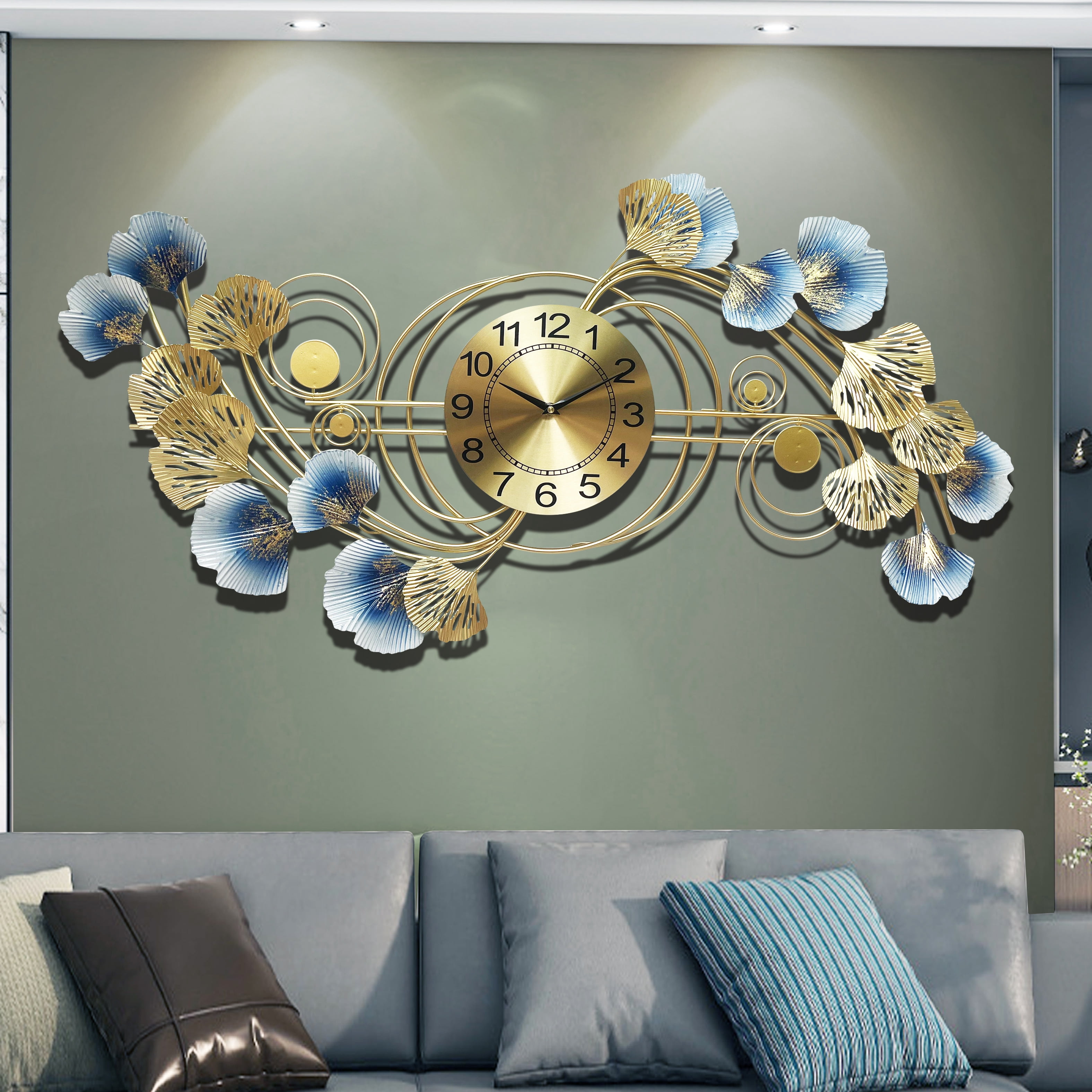 Wall Clocks for Living Room Decor,Large Wall Clock,3D Creative Metal Ginkgo Leaf Design,with Silent Movement Wall Clocks for Home Wall Decor Clock, 17.5 x 33.5 inch