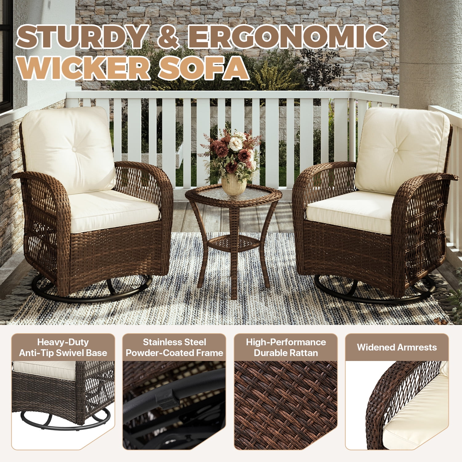 BaPiPro 3pcs Patio Furniture Set, Outdoor Rattan Swivel Gliders Rocker, Wicker Patio Bistro Set with Rocking Chair, Glass Top Side Table, Beige