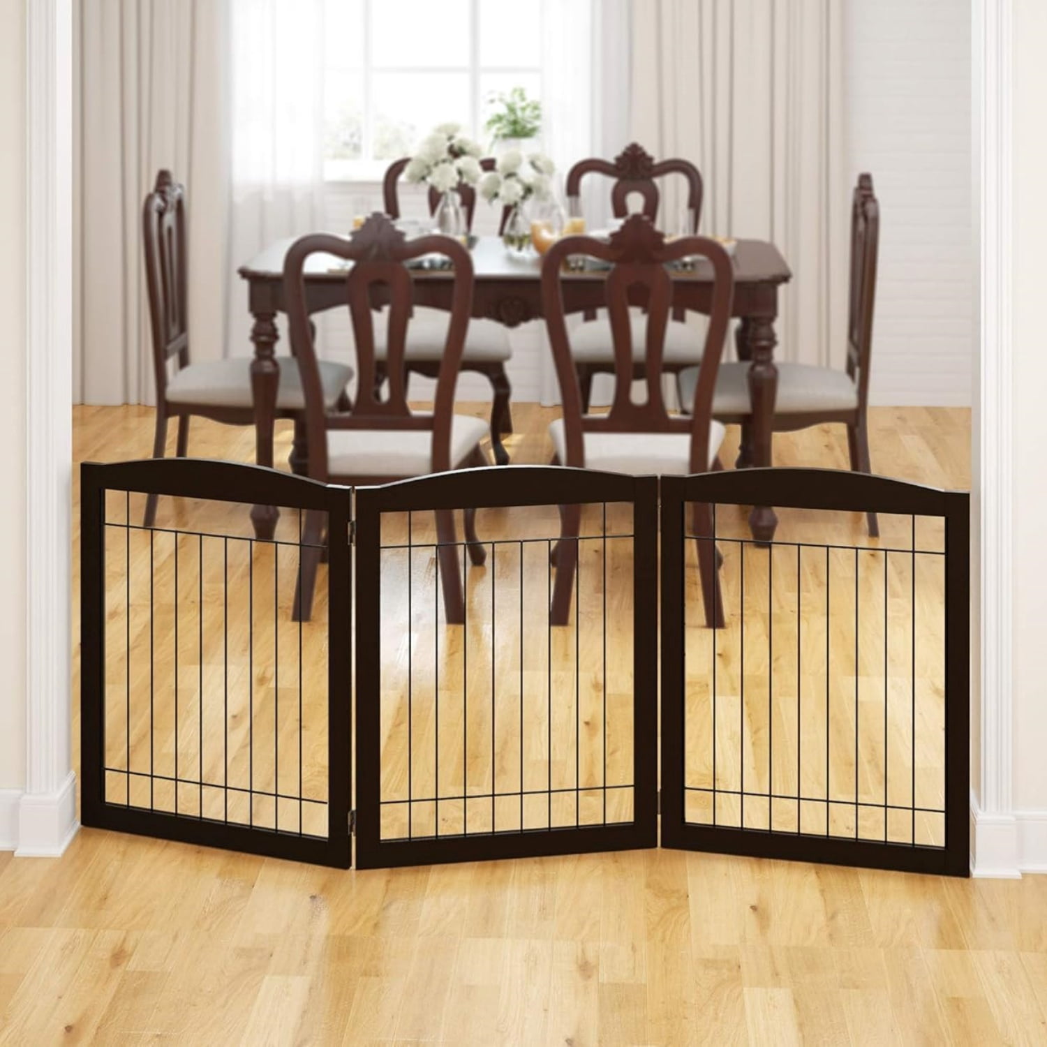 72” Extra Wide Dog Gate for The House, Doorway, Stairs, Freestanding Foldable Wire Pet Gate, Pet Puppy Safety Fence,30" Height (Espresso, 3 Panels)
