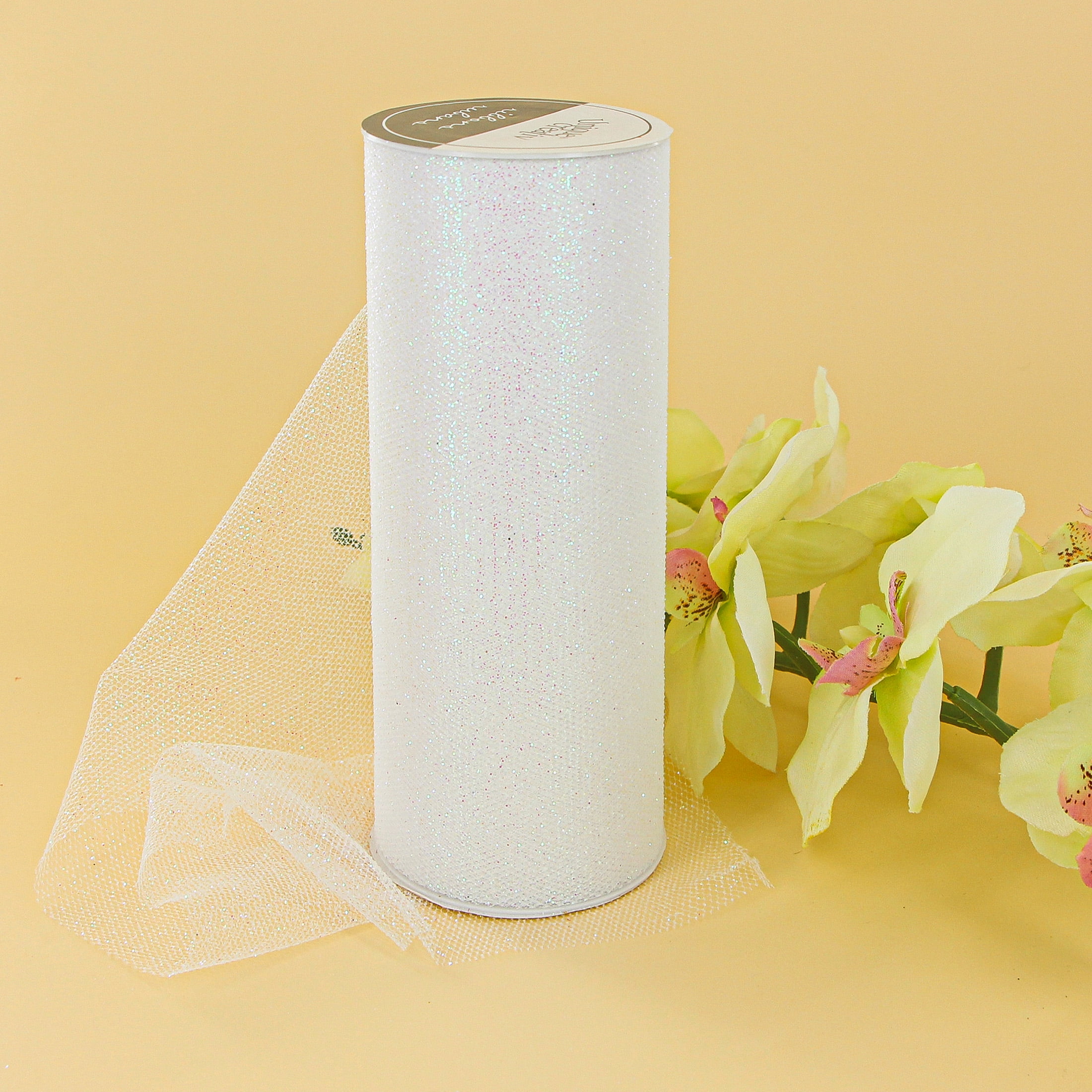 UNIQUE CREATIV, Ribbon, Tulle, Opal with Glitter, 100% nylon, 152mm x 13.71m (6" x 15 yds)