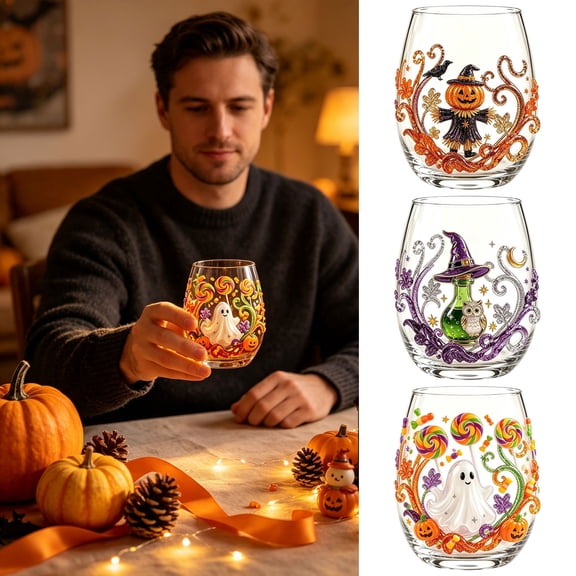 Halloween Glass Cups with Ghost Pumpkin Witch Pattern 12-15oz Clear Tumbler for Party Home Decor by OVFUIZ