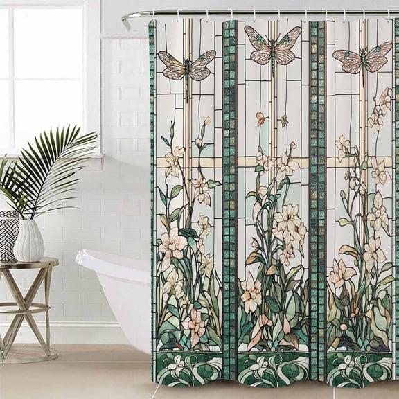 Vintage Dragonfly Waterproof Fabric Shower Curtain, Pastoral Botanical Teal Spring Summer Shower Curtain for Bathroom Curtains Bathtubs Hotel Washable Shower Curtains with 12 Hooks Standard 60x72