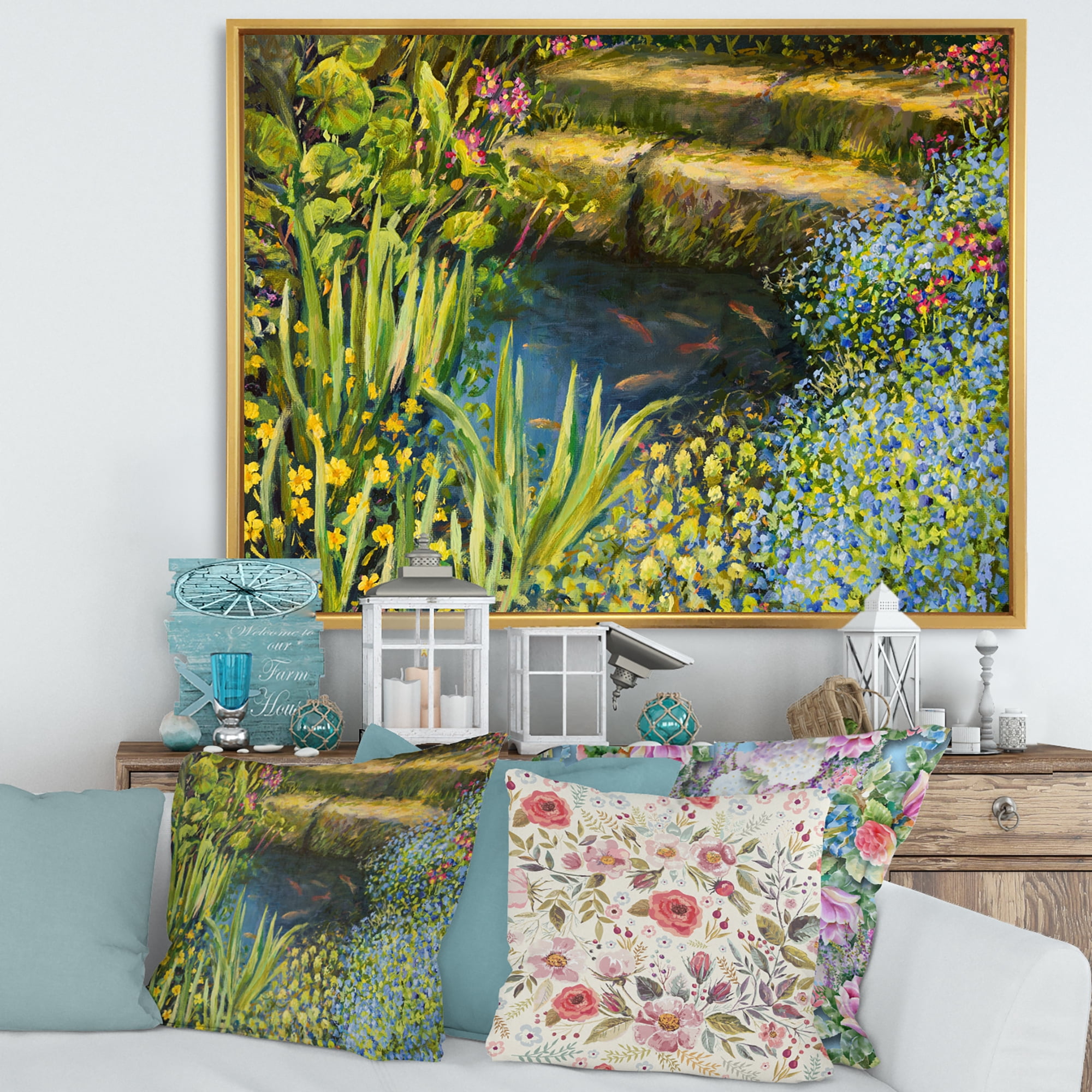 Designart 'Colorful Silence Flowers At The Lake Side' Lake House Framed Canvas Wall Art Print