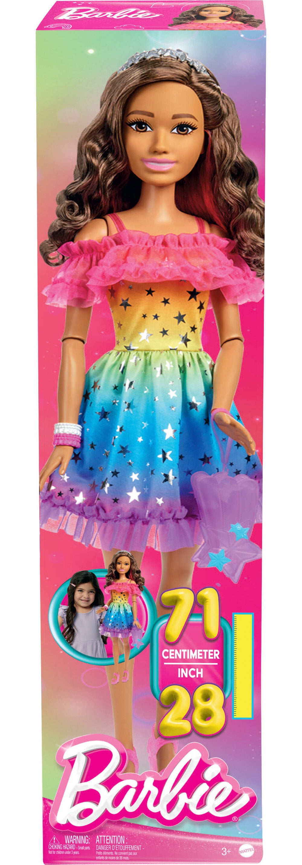 Large Barbie Doll, 28 Inches Tall, Brown Hair and Rainbow Dress