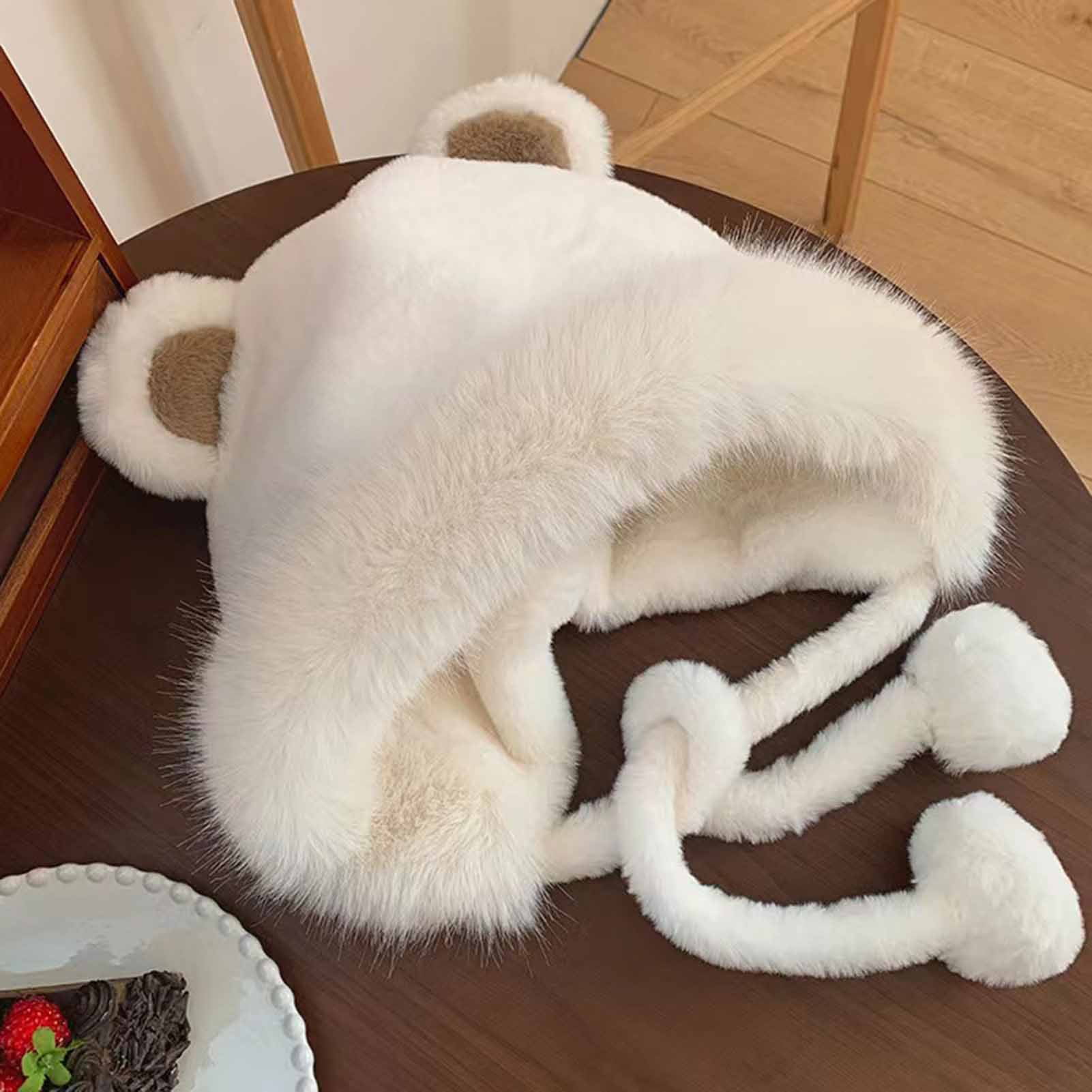 国内で当店のみ CFIERCE - FLUFFY BEAR HAT Cute Plush Faux Fur Cap with Ear Flaps Fuzzy Bear Hat Soft