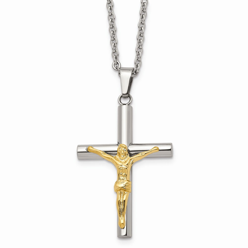 Stainless Steel Brushed Polished Yellow IP Plated Crucifix Necklace 20 Inch Jewelry Gifts for Women 