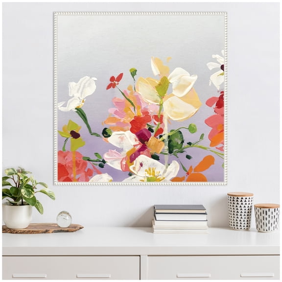 Kate and Laurel Facing Each One Framed Canvas Wall Art by Emma Daisy 30 x 30 Sylvie Beaded White, Whimsical, Flowers, Nature, Still Life Art for Wall Decor, Living Room Bedroom