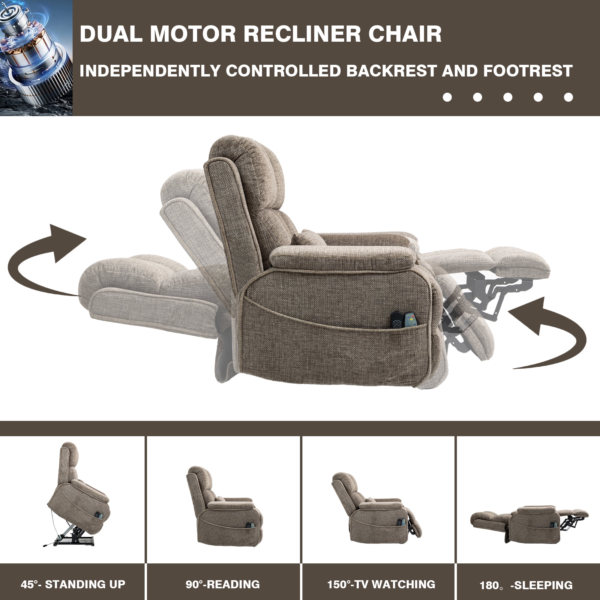 LITVZ Lift Recliner Chairs for Elderly, Lumbar Power Lift Chair with Heat and Massage, 180° Lay Flat Recliner with Extended Footrest, USB & Type-C Ports and Side Storage for Big Man 400lbs Sleeping
