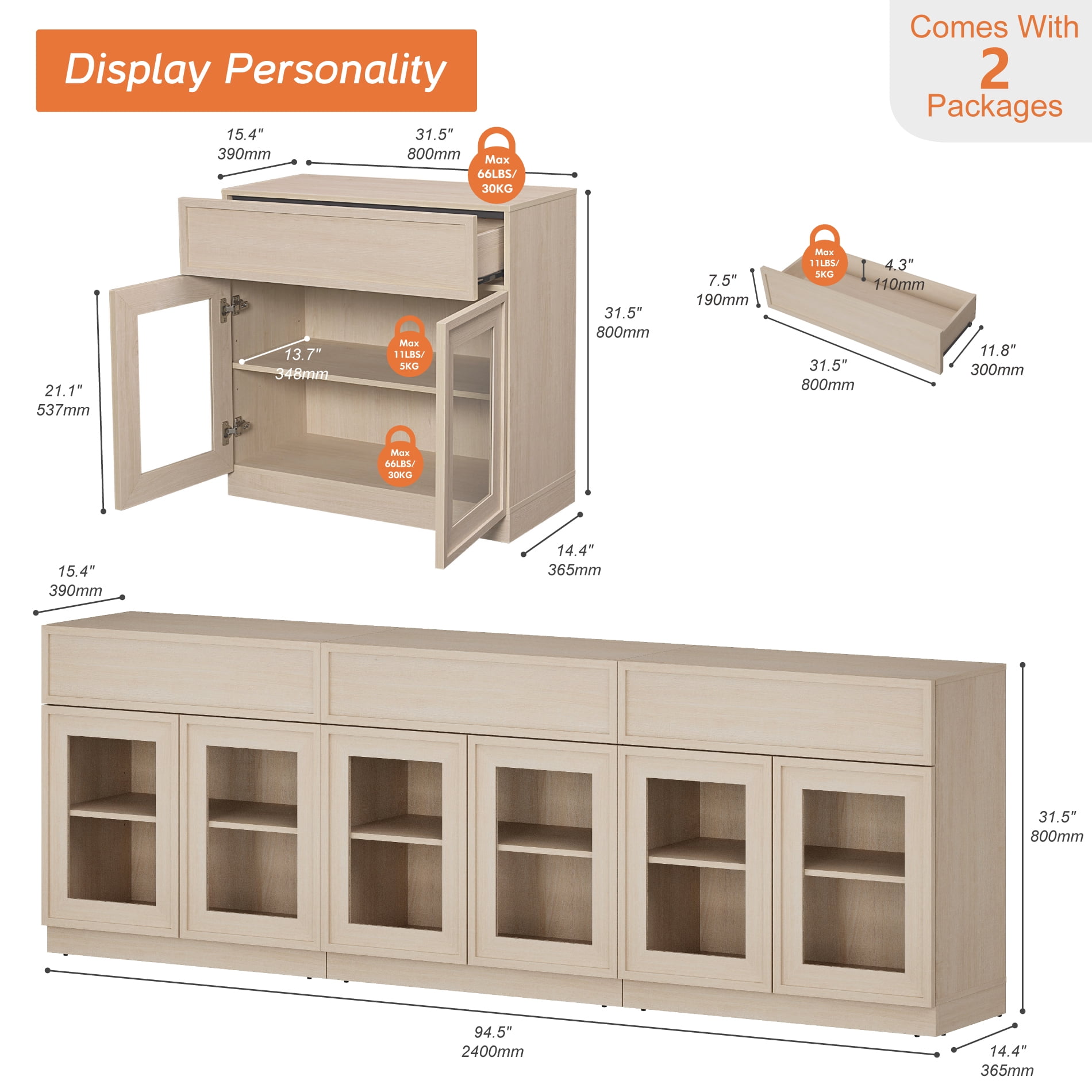 94.5" Modern Sideboard Buffet Cabinet with 6 Glass Doors and Drawers, Multifunctional Sideboard with Adjustable Shelf, Beige
