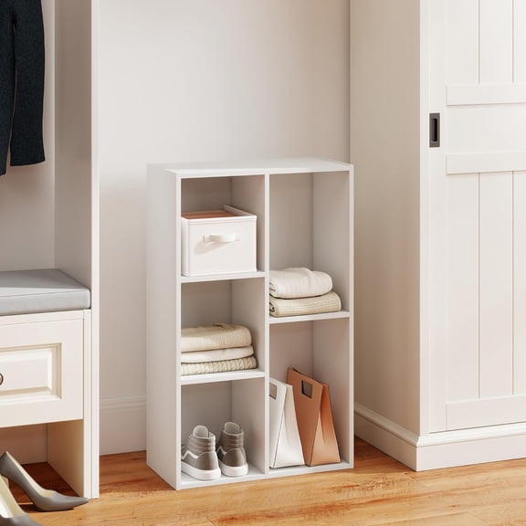 Five Cubes Clothes Organizer for Closet, 19.5 * 9.4 * 31.5 Inches Wood Storage Closet Organizer with Three Shelves, Small Shelf Cabinet for Laundry, Bedroom, White
