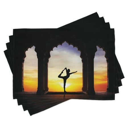 

Yoga Placemats Set of 4 Man Silhouette Doing Yoga in Old Ancient Temple at Orange Sunset Mental Meditative Washable Fabric Place Mats for Dining Room Kitchen Table Decor Multicolor by Ambesonne