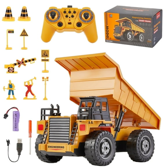 Gemeer RC Dump Truck Toys, 2.4G Remote Control Construction Vehicle Toys with Lights & Sounds, 11 Channel Rechargeable Electric Dump Truck Toy for Boys & Girls 3 
