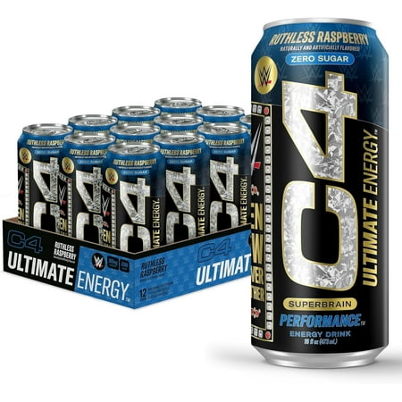 C4 Ultimate Energy Drink, WWE Ruthless Raspberry Flavor, Zero Sugar, Carbonated, 16oz Can (12 Pack)