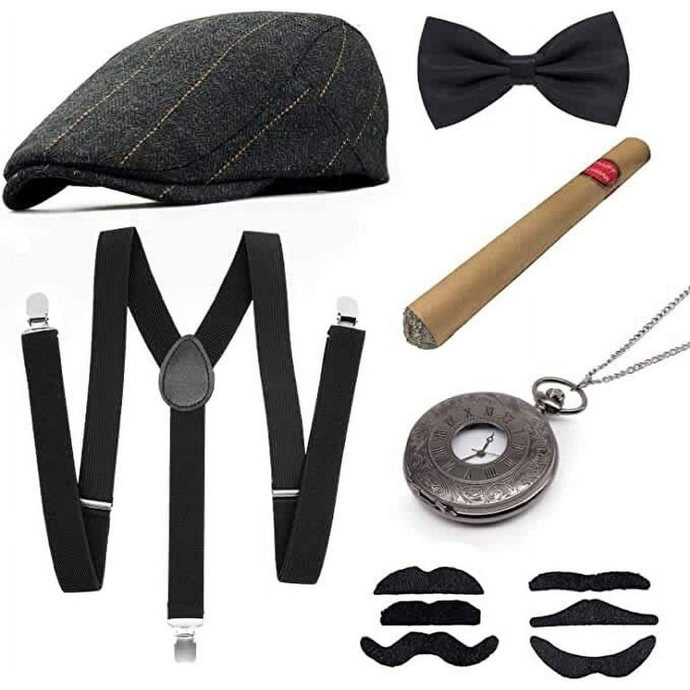 Mmtx 1920s Men Accessories, Gatsby Men Suit Set Including Panama Hat, Elastic Vintage Men Suspenders, Men Neck Bow Tie and Vintage Pocket Watch, adult