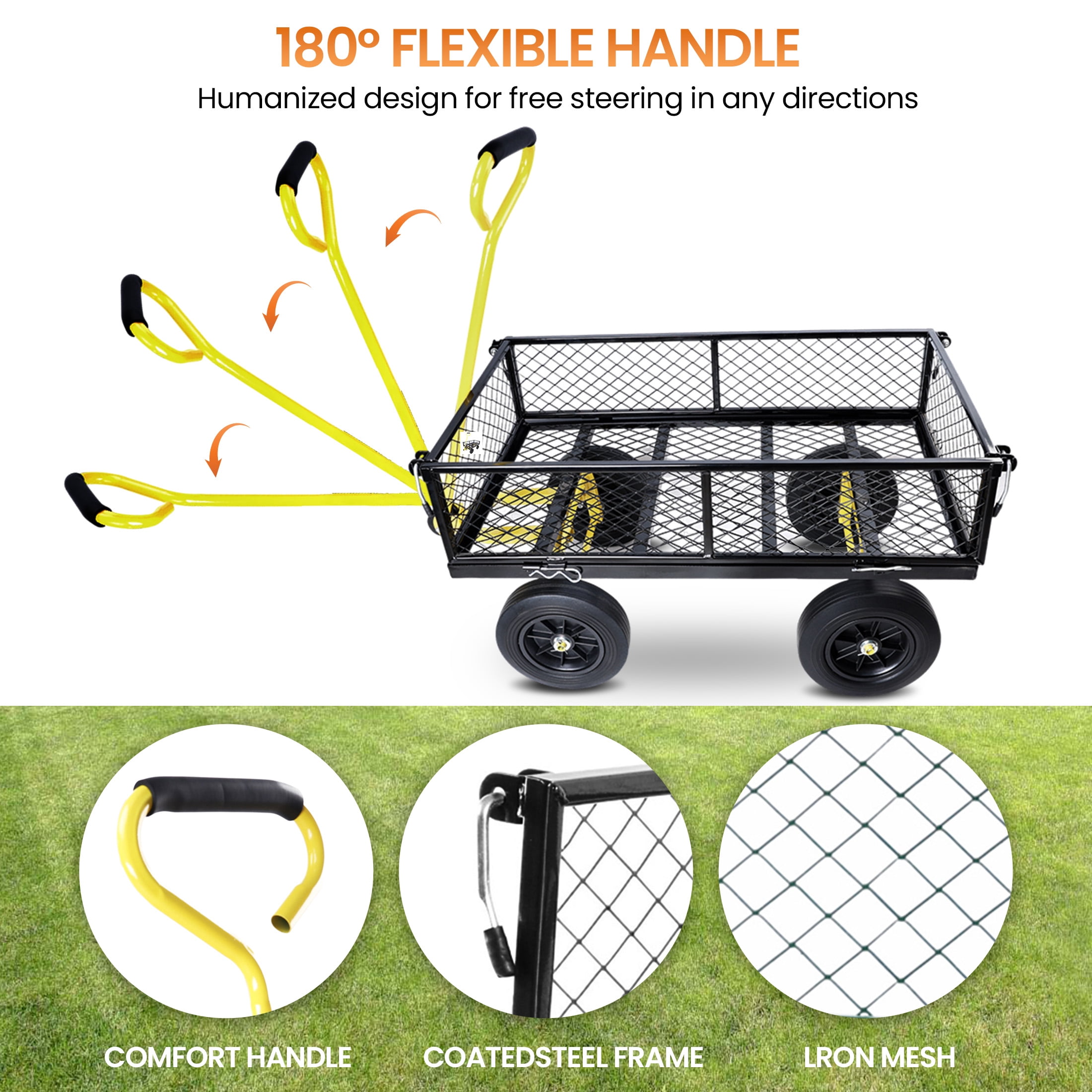 Aukfa Mesh Steel Wagon Cart with Removable Sides, Garden Cart Heavy Duty Utility Wagon with Rotating Handle/10'' Tires for Garden Yard, Yellow