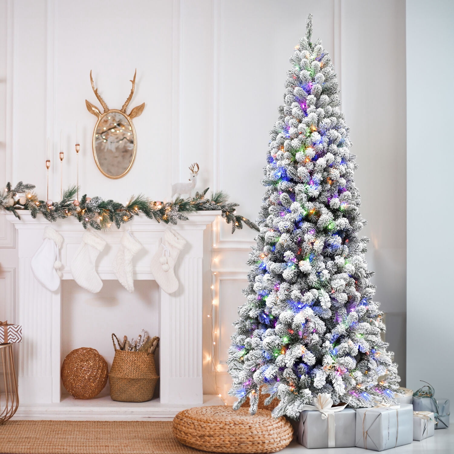 Fraser Hill Farm 10-Ft. Flocked Alaskan Pine Christmas Tree with Dual Multicolor & Warm White LED Lights, FFAF010-6SN