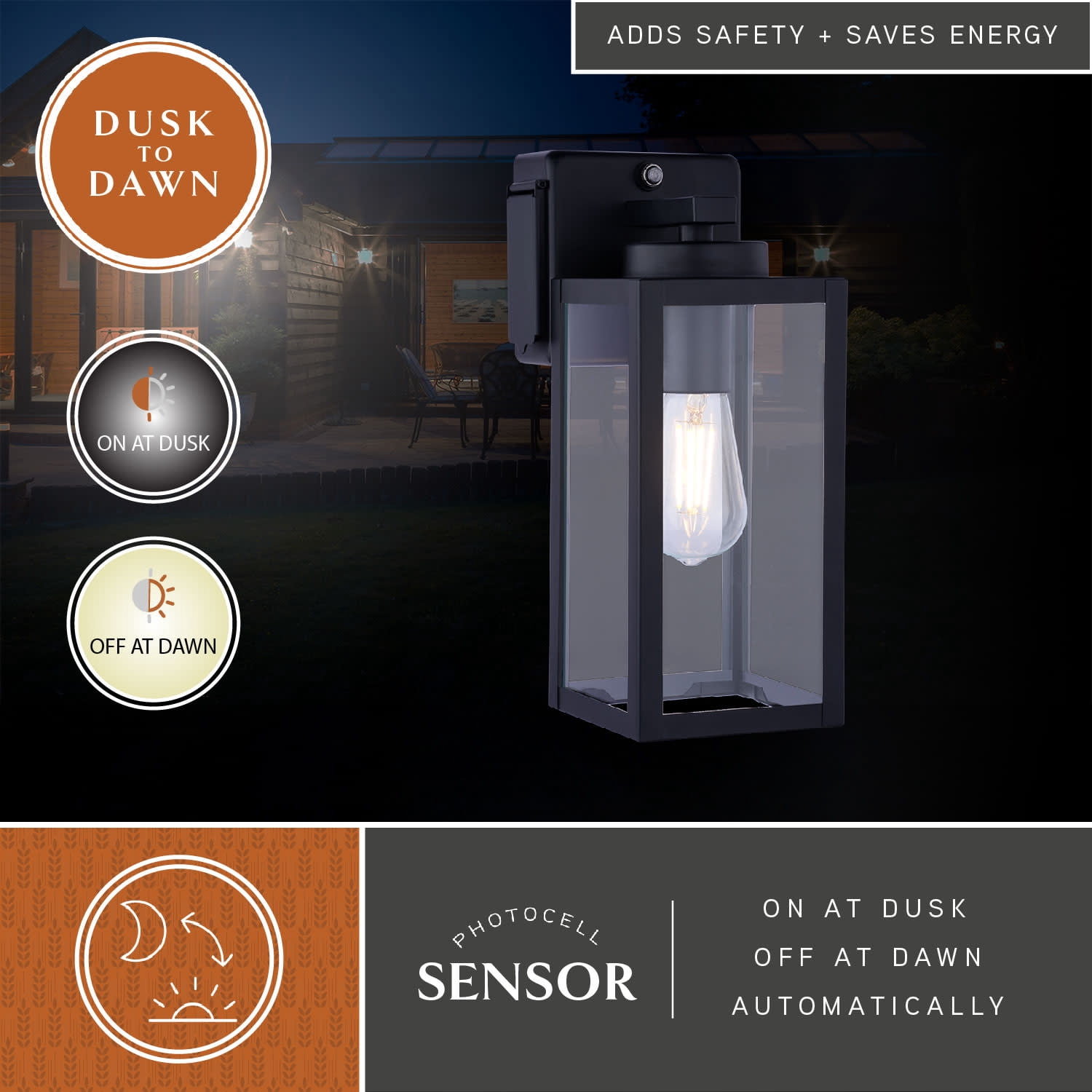 Lombard 1 Light Dusk to Dawn Black Contemporary Outdoor Wall Lantern with Integrated GFCI Outlet