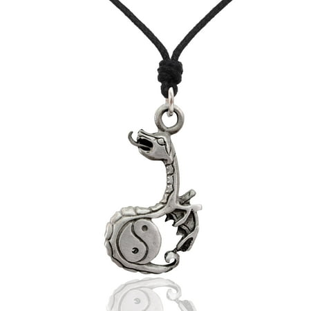 Ying Yang Dragons - Unique Dragon Yin Yang Silver Pewter Charm Necklace Pendant Jewelry With Cotton Cord