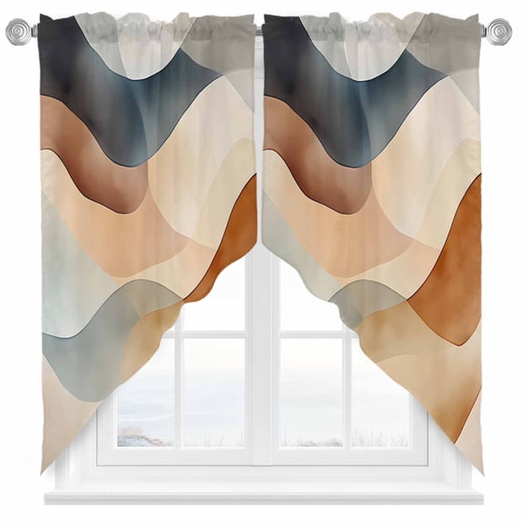 Abstract Stitching Swag Curtain Valance for Windows, Blue Brown Gradient Water Ripple Window Treatments Short Swag Topper for Kitchen Windows Bathroom Bedroom, 36"x36"