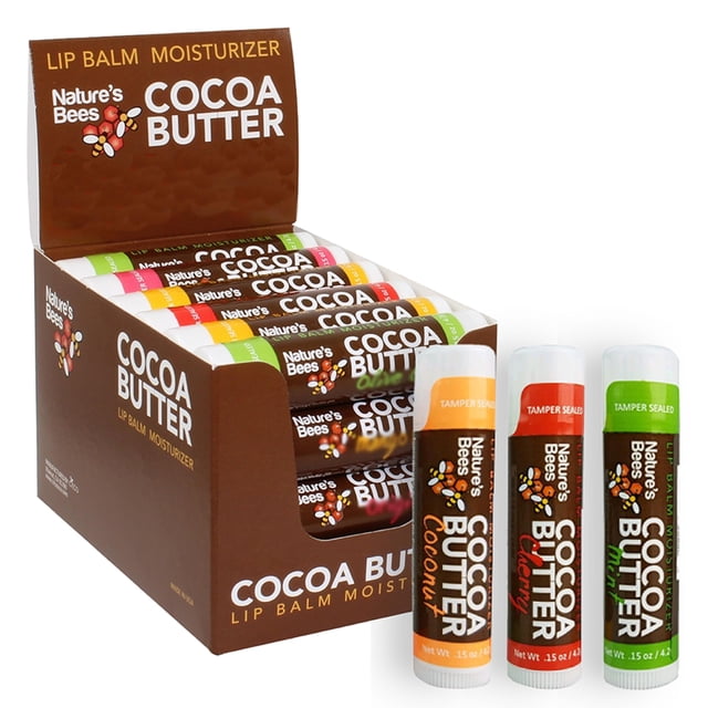Bálsamo labial Nature's Bees, manteca de cacao, paquete de 24 unidades, coco, cereza y menta