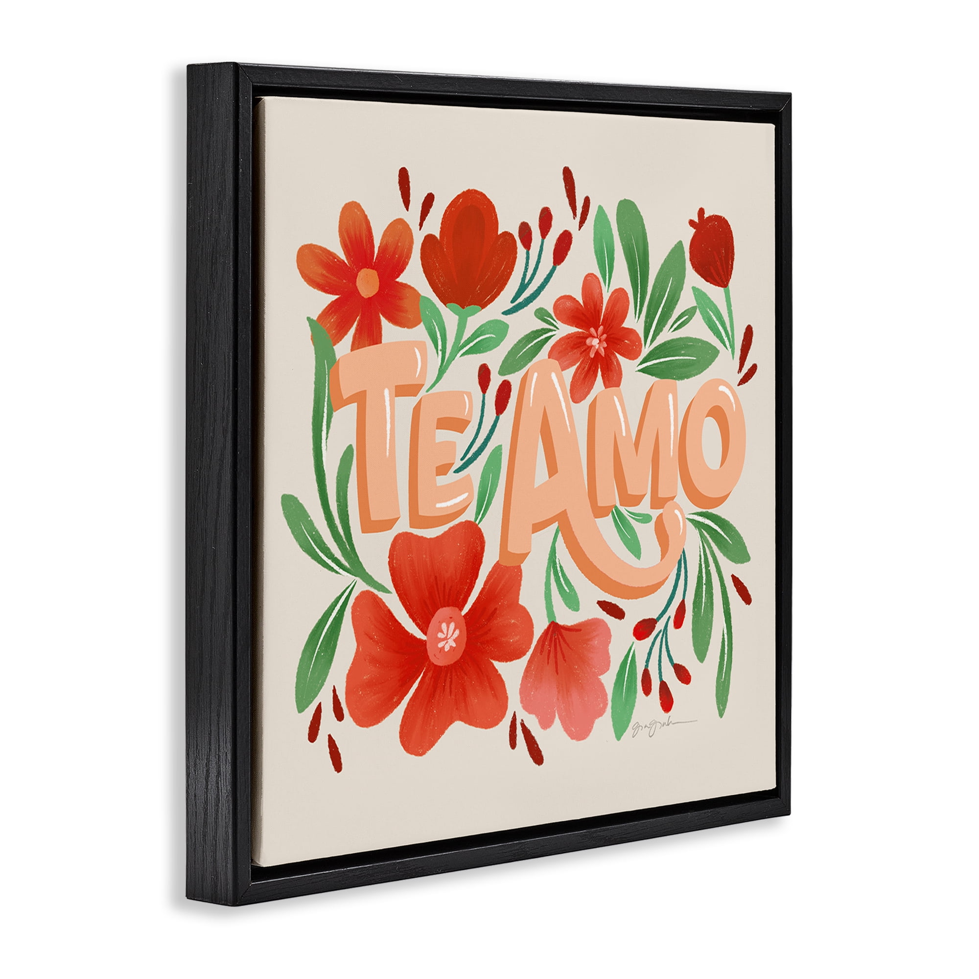 Stupell Industries Te Amo con Flores Rojas Floral & Botanical Painting Black Floater Framed Art Print Wall Art, 18 x 18