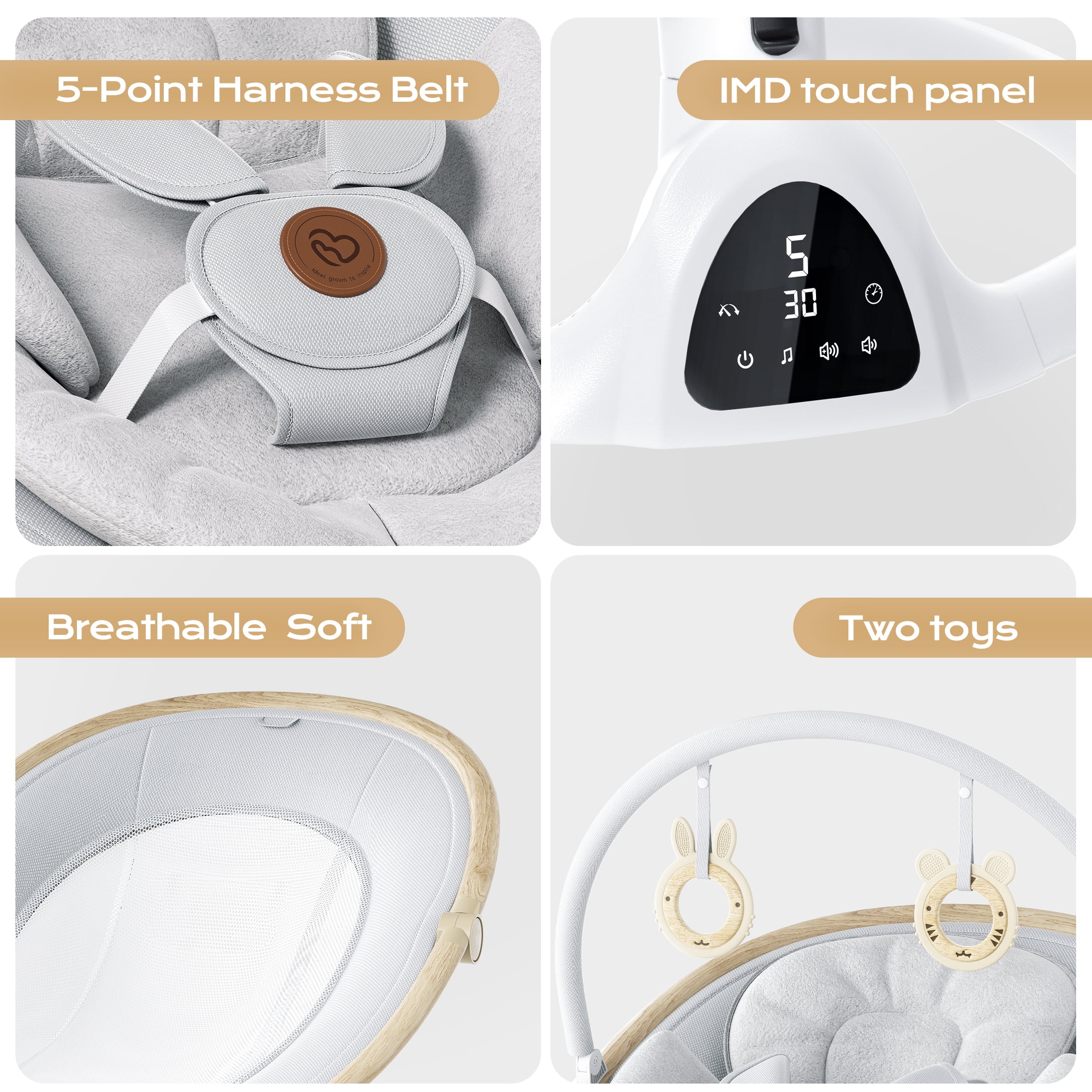 Baby Swing for Infants to Toddler Portable Babies Swing Timing Function 5 Swing Speeds Bluetooth Touch Screen Music Speaker with 10 Preset Lullabies 5-Point Carabiner White
