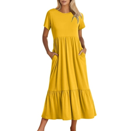 BOBOGOJP Summer Dresses for Women 2024 Party Church Bridesmaid Graduation Dress with Pockets (Yellow XL)