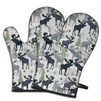 Cute Oven Mitts,Gray Christmas Moose and Tree Pattern Oven Mitt 2-Pack Set,Kitchen Gloves for Oven,Heat Resistant Oven Mitts 7.7"x12"