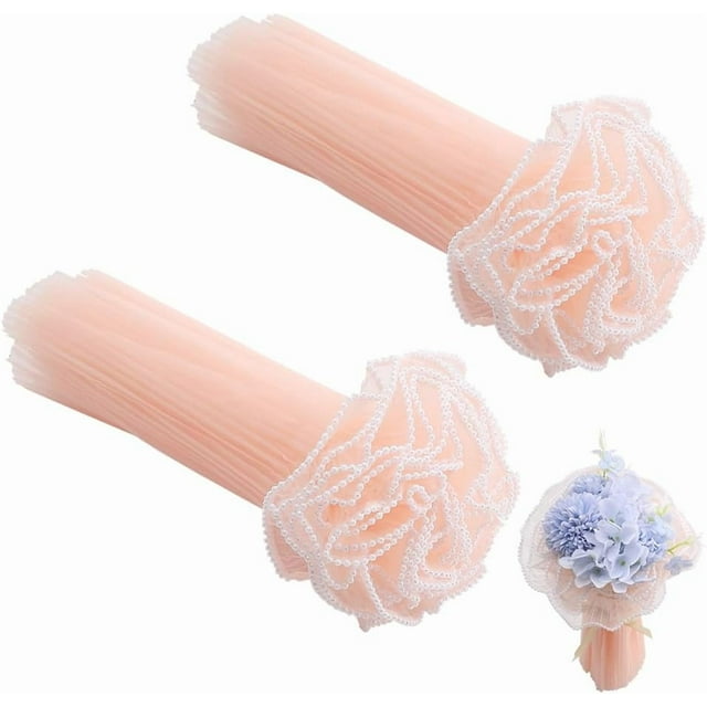 Papel de malla de organza con borde perlado rosa de 8 yardas para envolver flores, con volantes y borde perlado, para ramos, envoltorios arrugados, translúcidos, con hilo ondulado para decoración.
