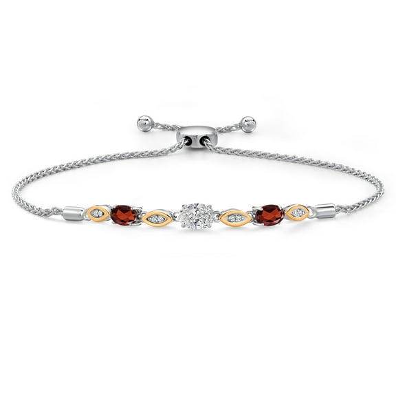 Gem Stone King 1.84 Ct DEF Lab Grown Diamond Red Garnet 925 Silver and 10K Yellow Gold Bracelet
