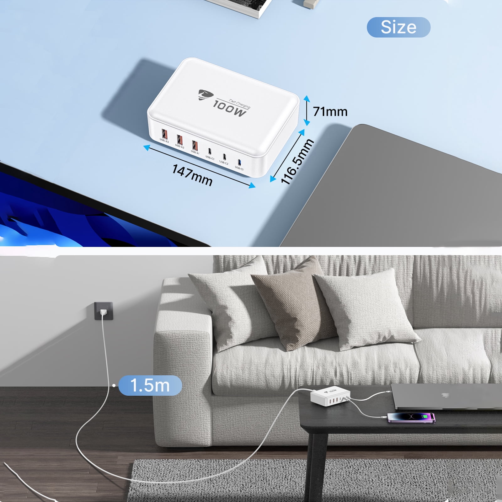 Aioneus Multi USB C Charger Block GaN 100W 6 Ports Fast Charging Station Power Adapter Compatible with Laptop Macbook iPhone iPad, White