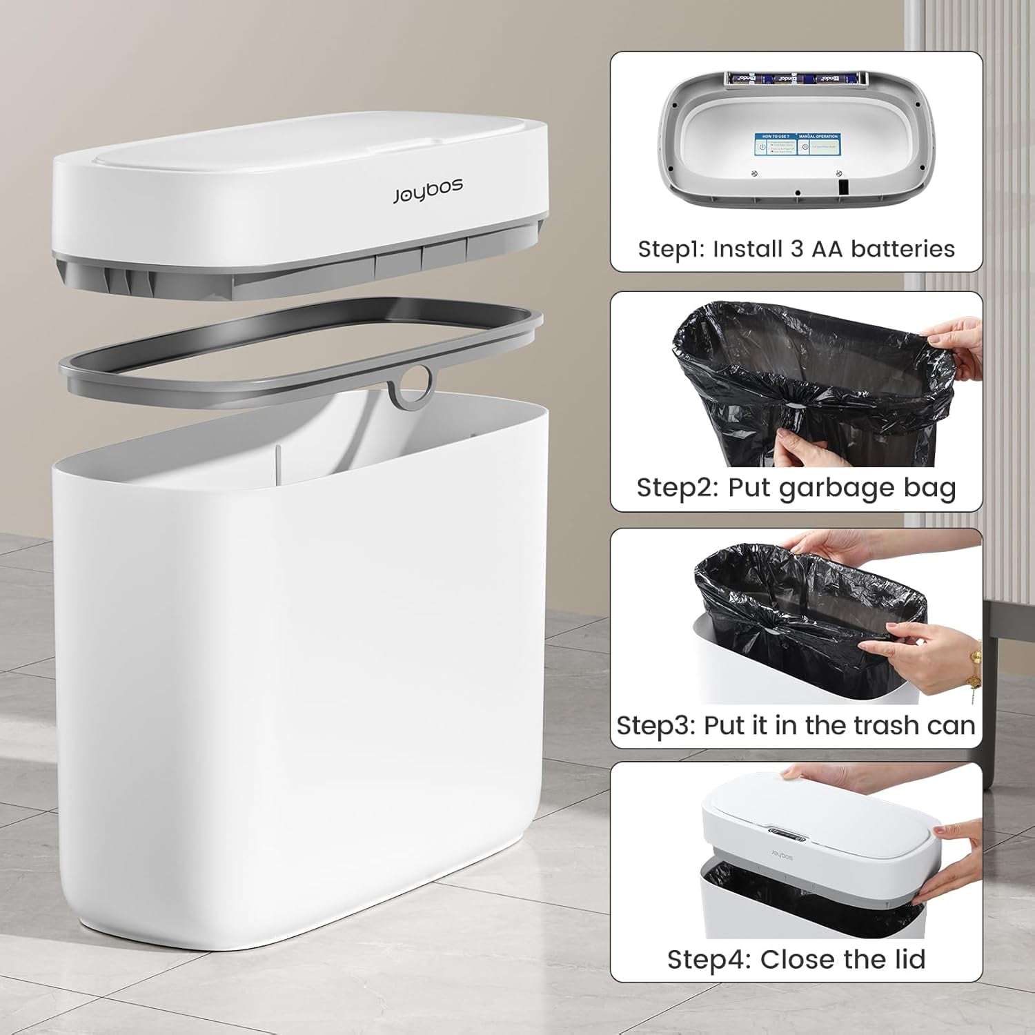 Joybos 3.5 Gal Touchless Motion Sensor Trash Can, Waterproof Slim Plastic Garbage Bin with Lid for Bathroom Bedroom Kitchen Office