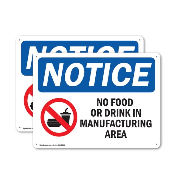 (2 Pack) No Food Or Drink In Manufacturing Area OSHA Notice Sign 18 Inch X 12 Inch Indoor / Outdoor Rust-Free Aluminum Metal Signs for Workplace, Workshop, and Construction Site, Made