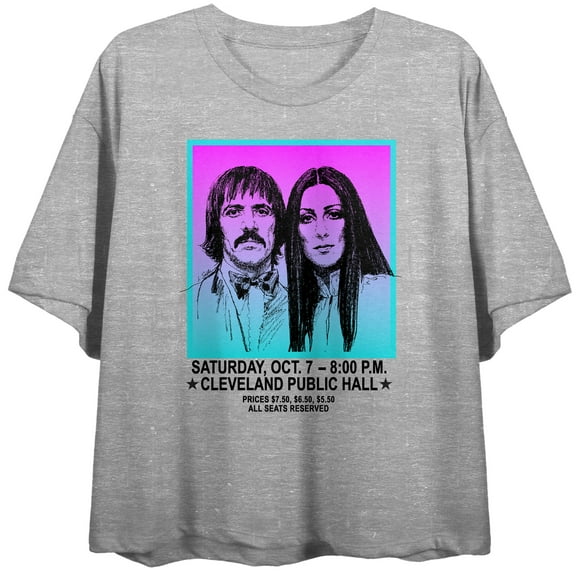 Sonny & Cher Gradient Neon Art Crew Neck Short Sleeve Gray Heather Women's Crop Top-XS