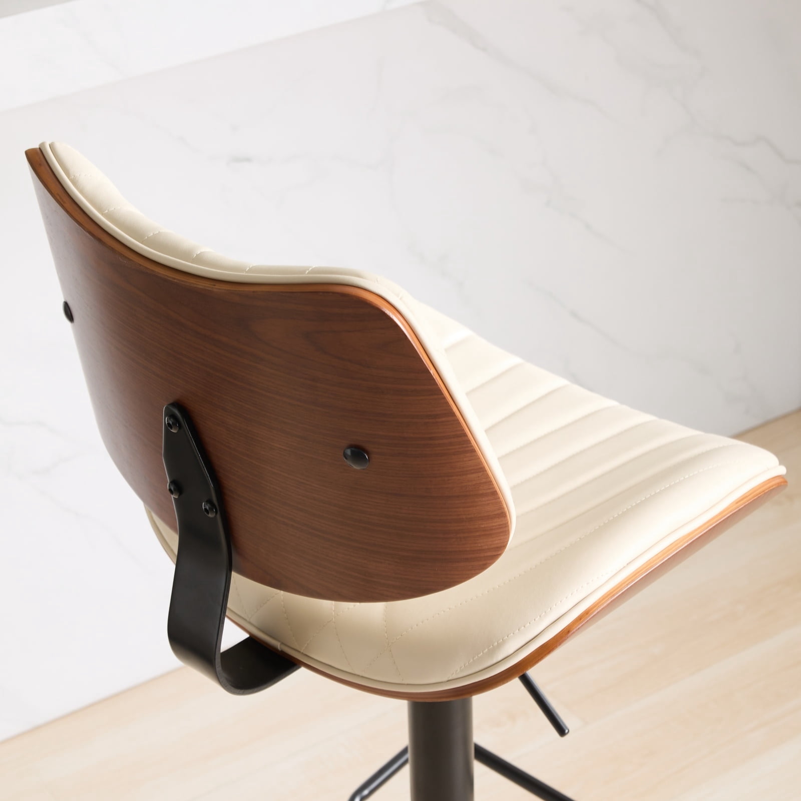 MAYEERTY Walnut Bentwood Bar Stools - Mid-Century Modern, Adjustable Height, Beige Leather, 360掳 Swivel, 1 Chair/Carton, Beige
