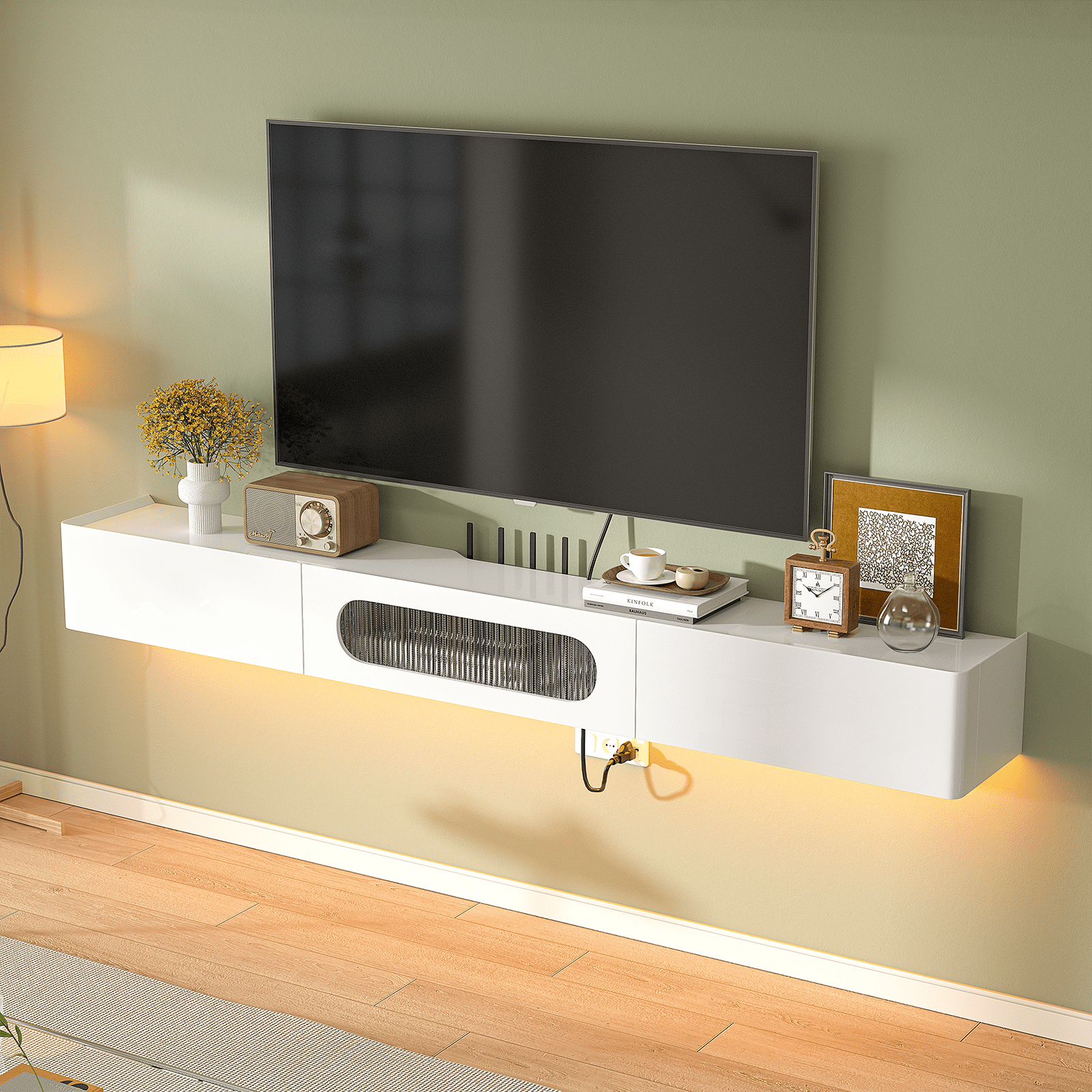 FloatiCasa 70 inch Fully Assembled High Gloss Floating TV Stand Wall-Mounted Entertainment Center for TVs up to 75"
